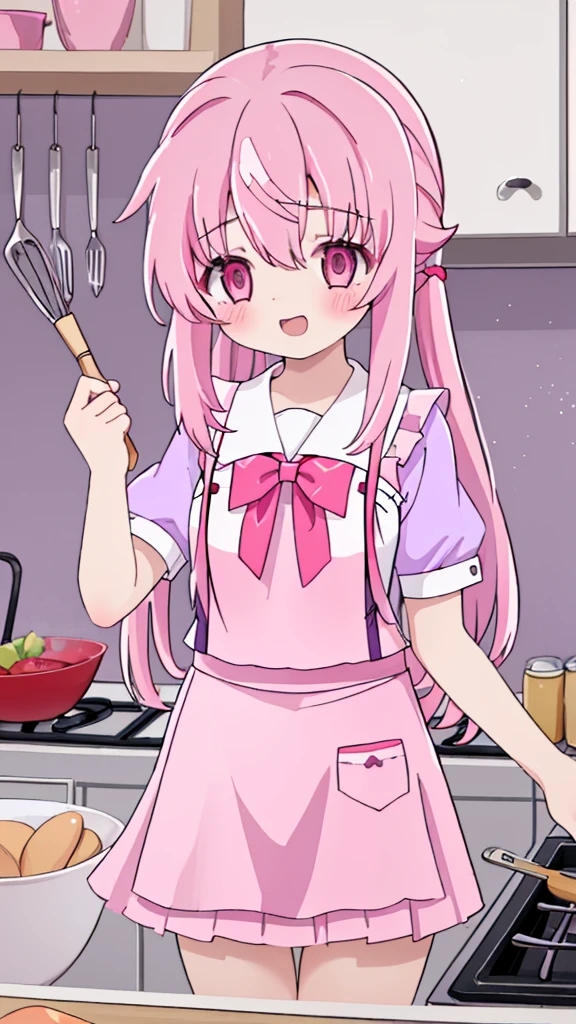 (1girl in、solo、Laugh、Cooking in the kitchen、Cooking donut in plate) pink hair, pink eyes with love, detailed eyes, straight hair, straight bangs, shiny hair,
,red bowtie,purple skirt,purple shirt,pleated skirt,short sleeves, high-definition,masterpiece, best quality, slim waist, cute, sailor uniform, Wear an apron, (PastelColors: 1.3)