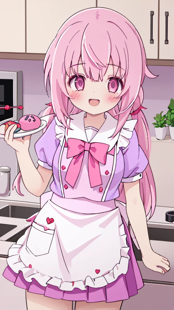 (1girl in、solo、Laugh、Cooking in the kitchen、Cooking donut in plate) pink hair, pink eyes with love, detailed eyes, straight hair, straight bangs, shiny hair,
,red bowtie,purple skirt,purple shirt,pleated skirt,short sleeves, high-definition,masterpiece, best quality, slim waist, cute, sailor uniform, Wear an apron, (PastelColors: 1.3)