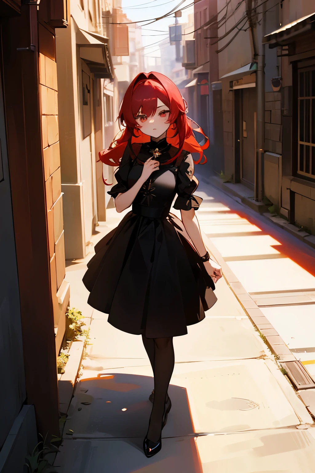 Beautiful girl with red hairs and golden eyes, view your viewers, standing in an alley wearing a black dress with a red rose in her hand