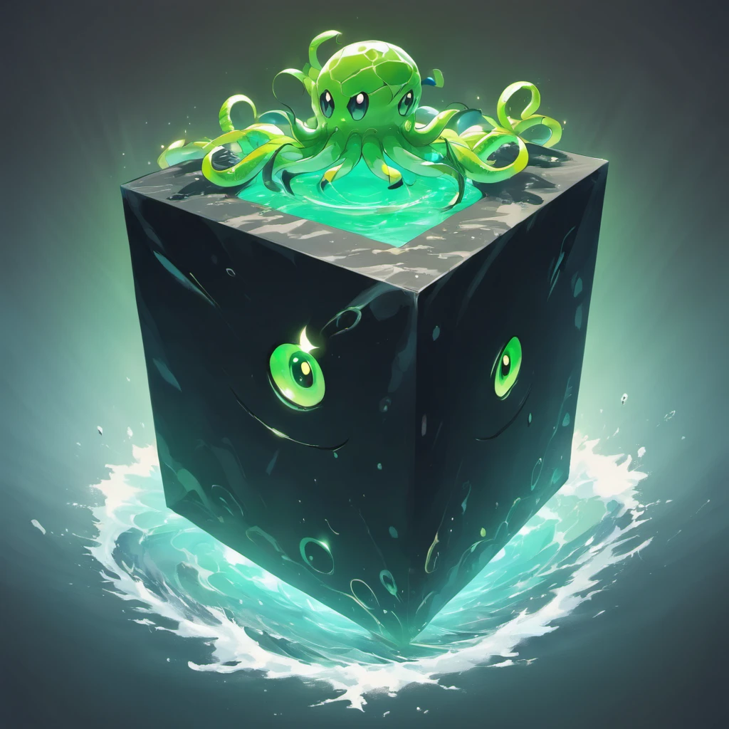 a giant black cube with a large green eye, long black tentacles, photorealistic, highly detailed, 8k, ultra-detailed, extremely detailed, realistic, physically-based rendering, vivid colors, dramatic lighting, surreal, fantasy, horror, dark, mysterious, ominous, unsettling, nightmarish, on a remote island filled with strange and monstrous creatures, cinematic, epic scale,téntatucos