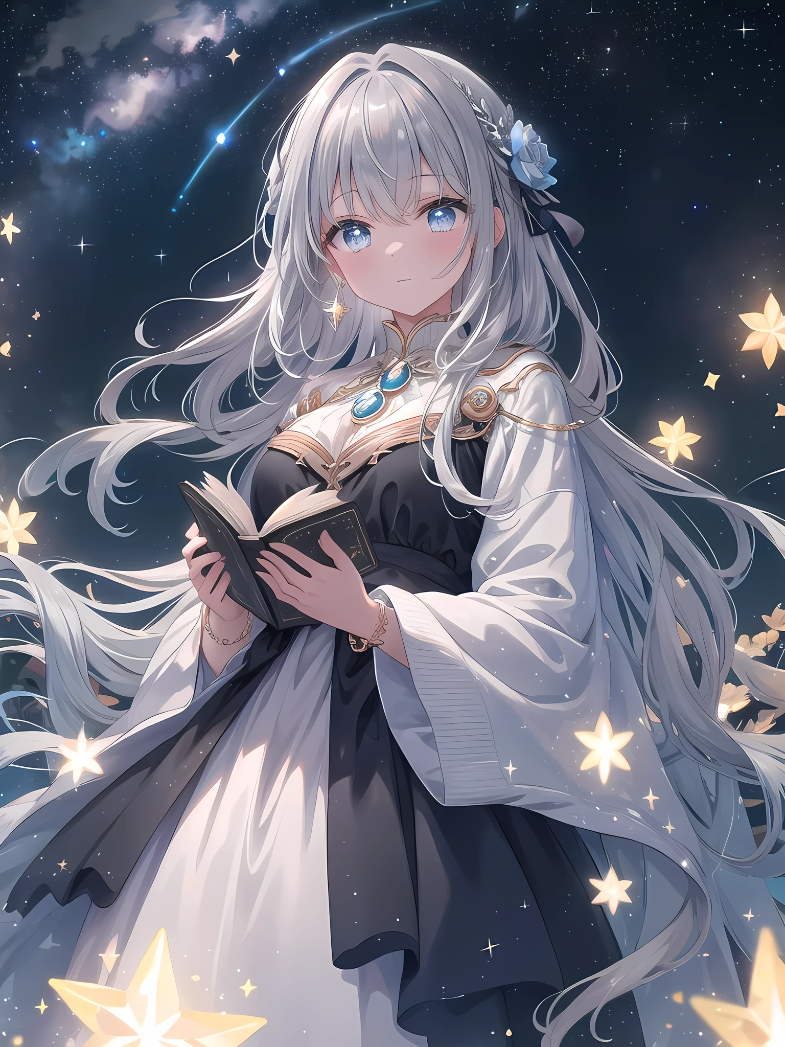 ((8k, best quality, master piece: 1.3)),super high resolution,(1 girl, solo), (colorshift eyes, hyperdetailed, expressive sparkling, glitter, glowing eyes), ultra detailed eyes, ultra-detailed face, random hair, ((silver gray color)),A silver-haired woman is practicing astrology at the top of a magical tower. She is wearing a dark blue velvet dress embroidered with constellations, and a dazzling starry sky is in the background. She holds out an ancient astrology book, and a silver bracelet shines on her wrist. Magical light emanates from her hand, shining in harmony with the starry sky. Her long wavy silver hair is illuminated by the moonlight, and her lustrous, translucent skin shines. Her eyes are deep blue, and her eyes, filled with magical power, are reading the arrangement of the stars. Her concentrated expression as she practices astrology is mysterious, and she is depicted as integrating with the starry sky in the background, creating a fantastical atmosphere, A mesmerizing scene illuminated by the light of countless stars and a prominent Milky Way galaxy. The stars create a sparkling effect across the sky, while the Milky Way adds a glowing band of light. The foreground is softly lit by the celestial light, creating a mystical and awe-inspiring atmosphere.
