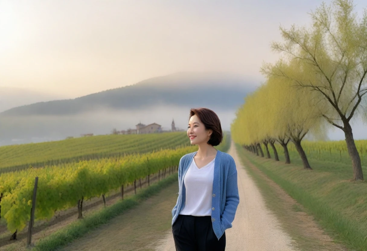 8k best picture quality, Beautiful 36-year-old Korean woman, Chest size 34 inches, Early spring dawn in northern Italy, View of the cathedral next to the vineyards, The back background is realistic and vivid quality., short medium hair, white shirt and cardigan, Wear casual pants, Smile slightly. the background is clear, look up to the side. cottonwood tree-lined hill, Looking at a vineyard covered in thick fog from a curved path