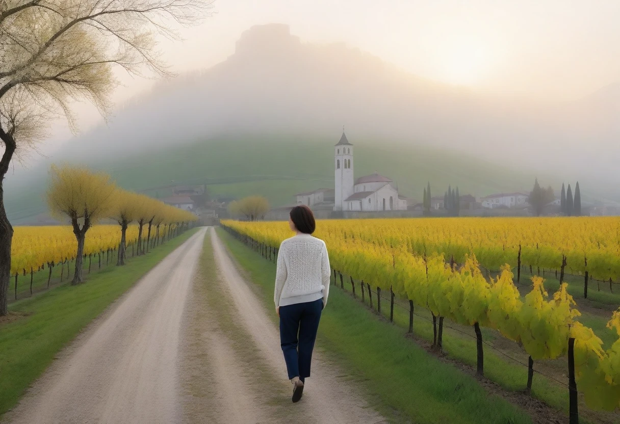 8k best picture quality, Beautiful 36-year-old Korean woman, Chest size 34 inches, Early spring dawn in northern Italy, View of the cathedral next to the vineyards, The back background is realistic and vivid quality., short medium hair, white shirt and cardigan, Wear casual pants, Smile slightly. the background is clear, look up to the side. cottonwood tree-lined hill, Looking at a vineyard covered in thick fog from a curved path