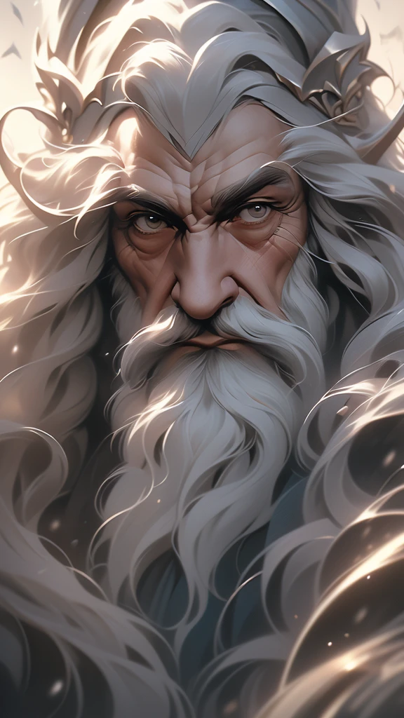 a close up of a painting of a man with a long beard and a long beard, a colorized photo by Ted Nasmith, reddit, fantasy art, gandalf, gandalf the grey, gandalf from lord of the rings, gandalf (lotr, lord of the rings concept art, sean connery as gandalf, portrait of gandalf