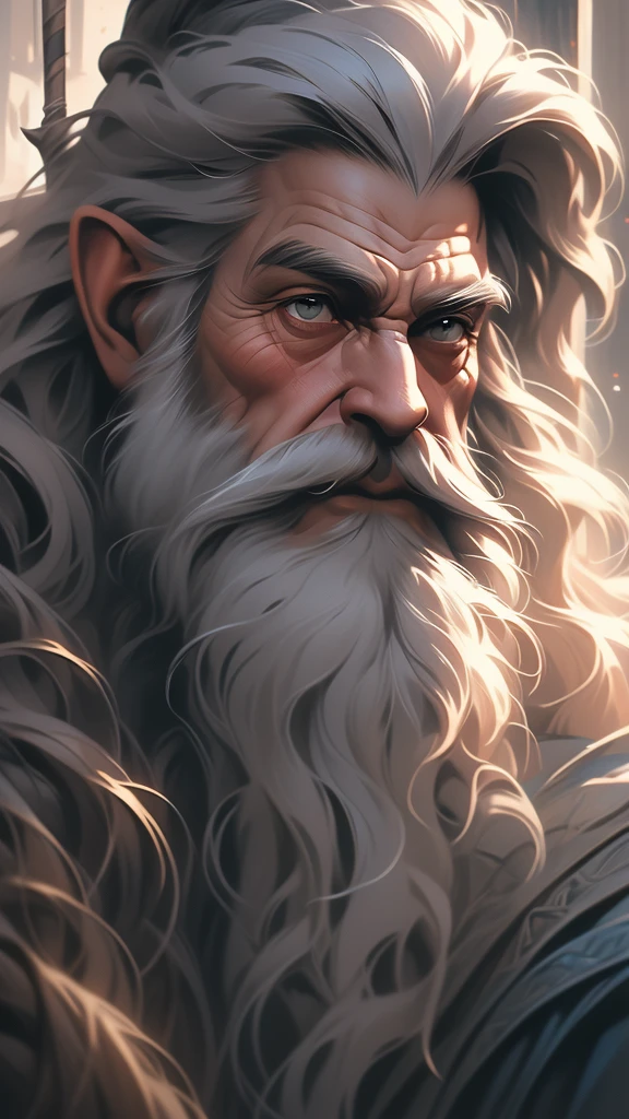 a close up of a painting of a man with a long beard and a long beard, a colorized photo by Ted Nasmith, reddit, fantasy art, gandalf, gandalf the grey, gandalf from lord of the rings, gandalf (lotr, lord of the rings concept art, sean connery as gandalf, portrait of gandalf