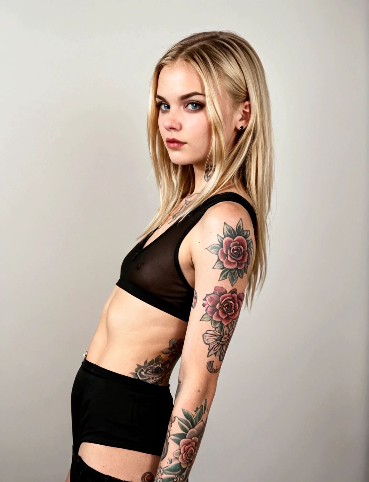 Best texture, high quality, ultra HD, 8K, british sexy blonde young girl tattoos crop outfit