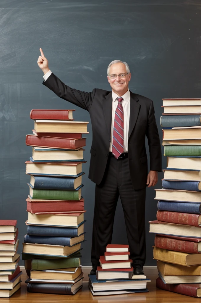 Create an image, which the school board expert and author of the book "The big book of the blackboard" in a victory pose on a huge pile of randomly stacked school boards.
