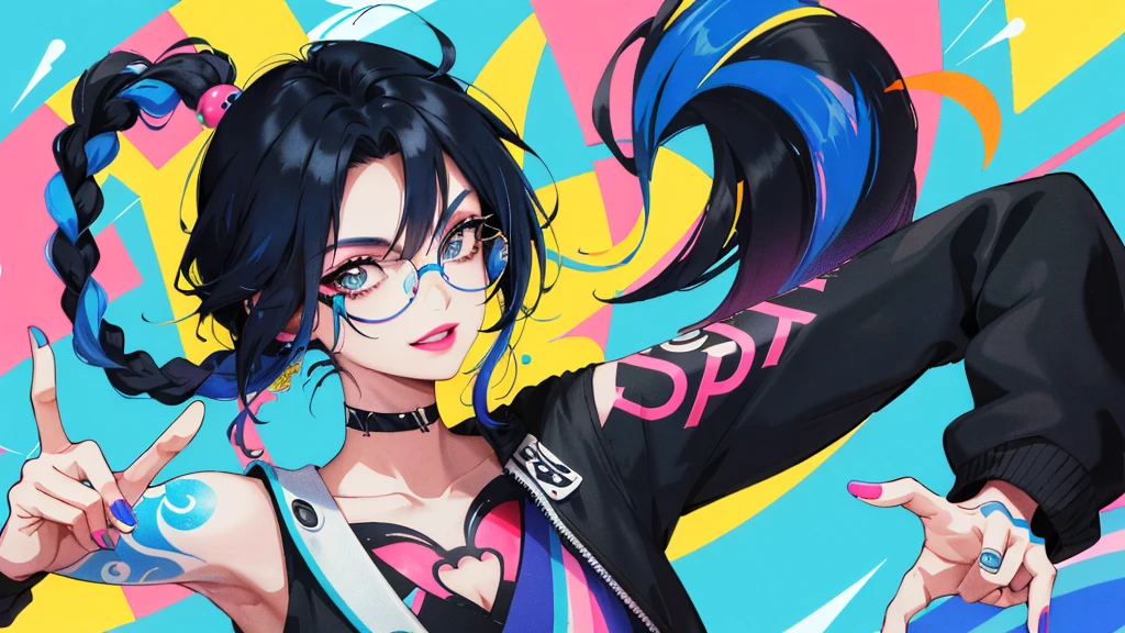 Woman (30 years: 1.0) with a tattoo "VTAN" on his arm and in a black top, Black hair with blue streaks, braided into a tail. blue streaks on bangs, Modern style, Fan art of a city girl, blows pink bubblegum, Yellow, (round glasses with colored lenses: 1.0), Bright lipstick, Snide look, joyful smile