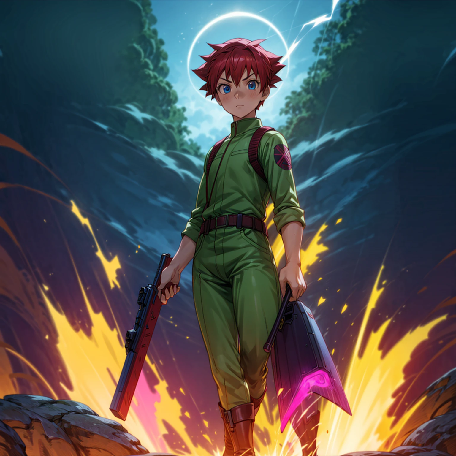 1boy, muscle, Full body version, 1character, blue eyes, short haircut, magenta color hair, Farmer style outfit, Boots, Grassroots, full background in field, motion blur, lighting, (Hunter x Hunter style art), big shotgun in hand, big weapon in hand, robot Shield in hand, smoke effect, fire effect, lighting on gun, plasma effect,