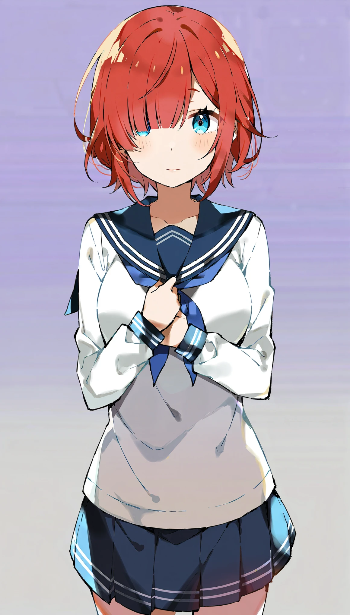 1girl, ciloranko:1.1, taya oco, misaki kurehito official art, \re:zero kara hajimeru isekai seikatsu: lost in memories\, official art, absurdres, best quality, solo, standing, blue eyes, red hair, standing, simple design, , navy blue pleated skirt, simple white serafuku, navy blue sailor collar, medim hair, red bob cut, facing viewer, beautiful face, (simple, simple background, purple background, background, medium shot, ribbon on collar, white ceiling, blue cuffed sleeves, white floor:1.), very tall, holding knife:2