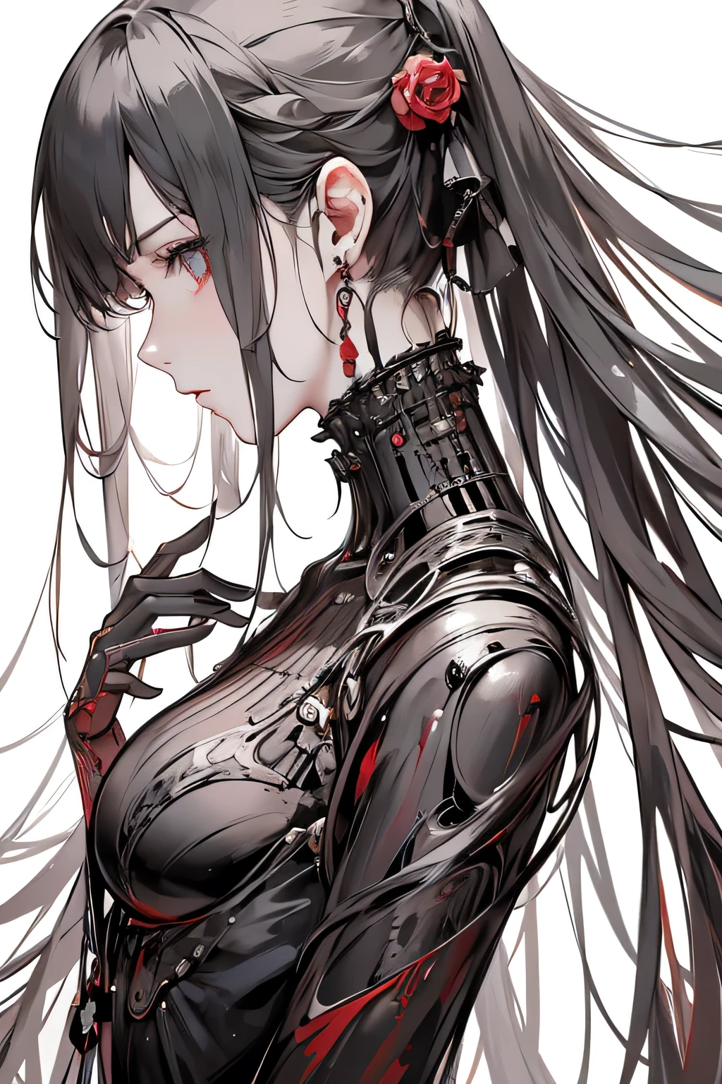 (masterpiece,Highest quality,Highest quality,Official Art,Beauty and aesthetics:1.2),(1. Mechanical Girl:1.3),(Upper body only:1.4),Blood tube,(Pierced the body:1.4 ),Very detailed,rich color details((Very detailedな)),(Very detailedなCGイラスト),((Very elegant and beautiful),(From the side From the side),(Machine made joints:1.2),((Mechanical Hand、Prosthetic arm)),(チューブに接続されたBlood tube)((Mechanical cervical vertebrae attached to the neck)),(sit),Expressionless,(Wires and cables attached to the neck:1.2),(Overhead Wires and Cables:1.2)(Character Focus),sf,White Background,(Blood:1.5),Half of the body is mechanical、Head coming out of chest