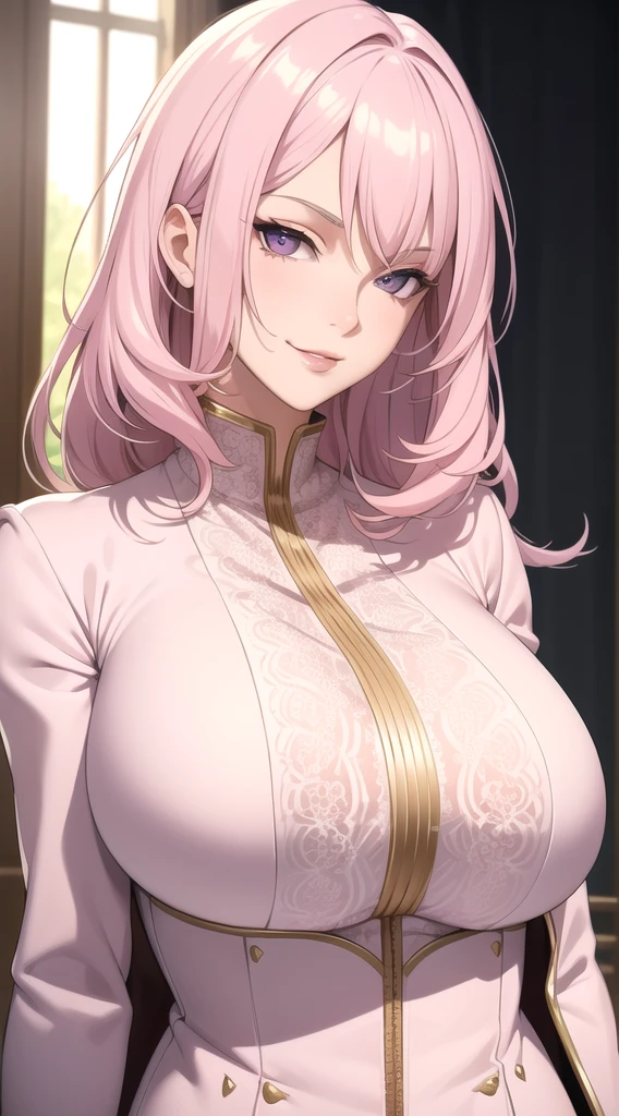 (masterpiece, best quality), intricate details, thin, ((slim)), beautiful girl, Light pink hair, white skin, light purple eyes, sharp jawline, cropped jacket, messy hair, plump lips, upper body, close up, smirk
