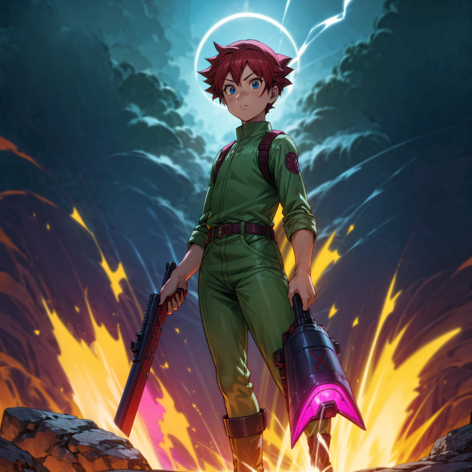 1boy, muscle, Full body version, 1character, blue eyes, short haircut, magenta color hair, Farmer style outfit, Boots, Grassroots, full background in field, motion blur, lighting, (Hunter x Hunter style art), big shotgun in hand, big weapon in hand, robot Shield in hand, smoke effect, fire effect, lighting on gun, plasma effect,