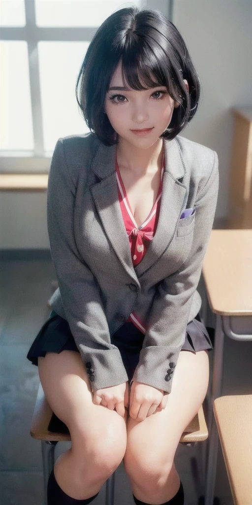 ((8k, RAW photos, top quality, masterpieces), high-definition RAW color photos professional close-up photos, (realistic, photorealism: 1.37), (highest quality), (best shadows), (best illustrations), collarbones ((big)), ((erotic, sexy, ultra high resolution, high-definition CG unified 8K wallpapers, physically based rendering, movie lighting), (aegyo sal:1), 18 year old girl, (grey blazer, ribbon, socks, high school uniform: 1.2), high school classroom, beautiful detail eyes, light on the face, ((full body shot: 1.2)), especially strong light, (upper eyes, grinning smile:1.2),shiny skin, (((black hair, bob hair:1.2))), ( thick thighs), ulzzang-6500-v1.1:0.2, shy, (flash:1.2), NSFW , (puffy), ((seductive posture: 1.2, attractive: 1.2)), (idle), (sitting at a desk in classroom: 1.2)), ((good anatomy: 1.2)), ((bright and refreshing classroom, background blurred: 1.2)), perfect face, cute face, (high angle shot:1.2)