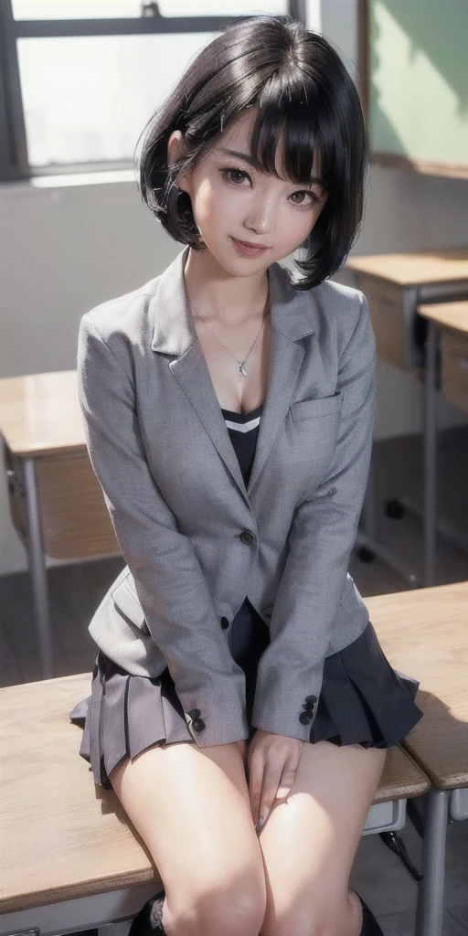 ((8k, RAW photos, top quality, masterpieces), high-definition RAW color photos professional close-up photos, (realistic, photorealism: 1.37), (highest quality), (best shadows), (best illustrations), collarbones ((big)), ((erotic, sexy, ultra high resolution, high-definition CG unified 8K wallpapers, physically based rendering, movie lighting), (aegyo sal:1), 18 year old girl, (grey blazer, ribbon, socks, high school uniform: 1.2), high school classroom, beautiful detail eyes, light on the face, ((full body shot: 1.2)), especially strong light, (upper eyes, grinning smile:1.2),shiny skin, (((black hair, bob hair:1.2))), ( thick thighs), ulzzang-6500-v1.1:0.2, shy, (flash:1.2), NSFW , (puffy), ((seductive posture: 1.2, attractive: 1.2)), (idle), (sitting at a desk in classroom: 1.2)), ((good anatomy: 1.2)), ((bright and refreshing classroom, background blurred: 1.2)), perfect face, cute face, (high angle shot:1.2)