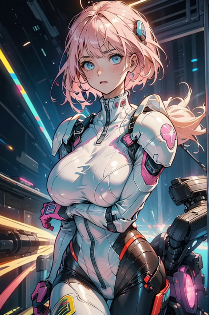 "(Highest image quality), (Extremely detailed), (Photo-realistic:1.1) 1 Girl, Depicting a female space Marine cadet, Skinny thin and transparent spacesuit, breast, White and pink spacesuit, Glowing pink neon signs, , Tempting, Stylish futuristic helmet, Pretty Face, space, universe, Strange planet."huge , Crazy swelling of breast, Chest larger than shoulder blades, Big breasts and thin waist，(huge breasts:1.2)，Hydrated skin（（rogue））（（Very huge breast）），（（Grooves reveal original skin））