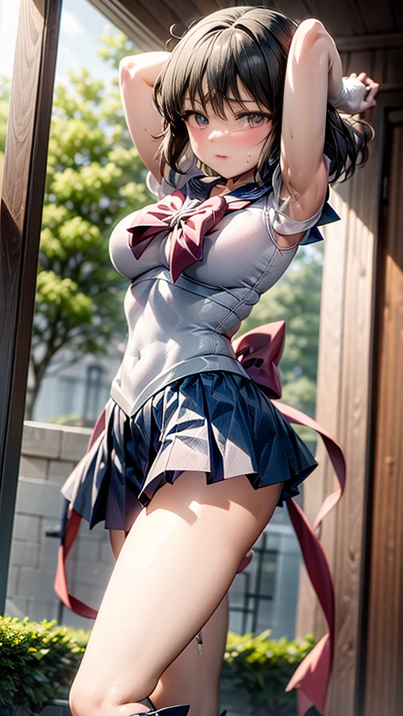 High resolution,Detailed Description,Highest quality,(Sailor Warrior Uniform),Sailor Saturn,Black Hair,universe,leotard,High Leg,Purple Skirt,Knee-high boots,Elbow Handbag,Thick thighs,The skirt is short,スカートの下に白色のleotardが見える,The skirt is blown away by the wind,blush,Embarrassed expression,Open your mouth,