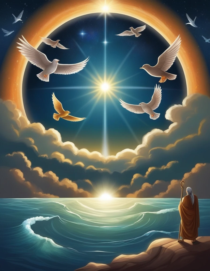 1. The Creation of the World (Genesis 1-2)
In the beginning, God created the heavens and the earth. The earth was formless and empty, and there was darkness on the face of the deep. Then, a point of light appeared in the middle of the darkness, gradually growing until it illuminates the entire cosmos.
God said: "Let There Be Light!" and there was light. The light separated from the darkness, and God saw that the light was good. God called the light day and darkness night. that was the first day.
In the second day, God created the firmament, separating the waters that were under the firmament from the waters that were above it. God called the firmament heaven.
On the third day, God said: "Let the waters under the heavens be gathered together in one place, and the dry part appears." Thus, the dry part appeared, and God called it earth, and the gathering together of the waters he called seas. Then, God commanded the earth to produce vegetation: plants that bear seeds and trees that bear fruit. E God saw that it was good.
On the fourth day, God created the lights in the firmament of the heavens to separate the day from the night. He made two great luminaries: the greater to rule the day and the lesser to rule the night. And he also made the stars. God saw that it was good.
On the fifth day, God said: "The waters produce swarms of living beings, and let the birds fly over the earth." Thus, God created the great sea animals and all living beings that move in the waters, according to their species, and all the birds, according to their species. E God saw that it was good. God BLESSED them, saying: "Be fertile and multiply and fill the waters of the seas, and let the birds multiply in the land."
On the sixth day, God said: "Produza a terra seres viventes according to their species: domestic animals, crawling animals and wild animals, according to their species." And so it was. Deus fez os animais selvagens according to their species, os domestic animals according to t