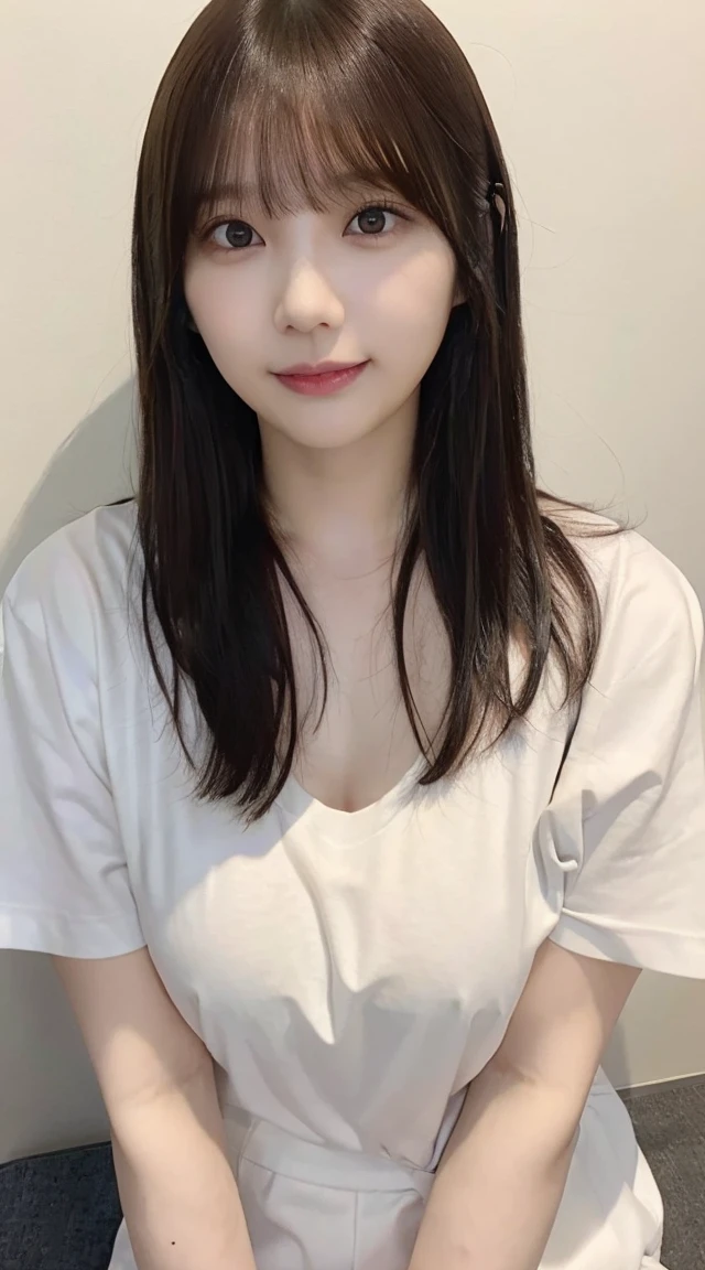 Medium Hair,short bangs,downblouse、(leaning-forward、 show off nipple:1.3)、(oversize tshirt、Loose-fitting t-shirt、Low Cut T-Shirt:1.2)、(top-quality、8K、32K、masterpiece)、japanes、28 year old、Very pretty girl、a beauty girl、crouching down、Bright smile、shinny skin、blurry backround、Upper body close-up、Shot from above