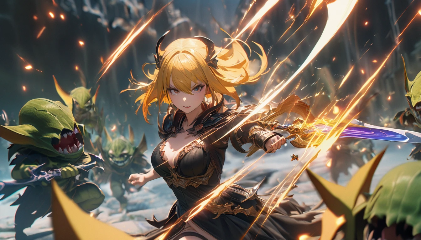 1 girl,fantasy,8K,high quality, Texture Skins,magic,fight,Raise your sword,backSwarm of goblins,Golden hair,Slash,Girl with a sword
