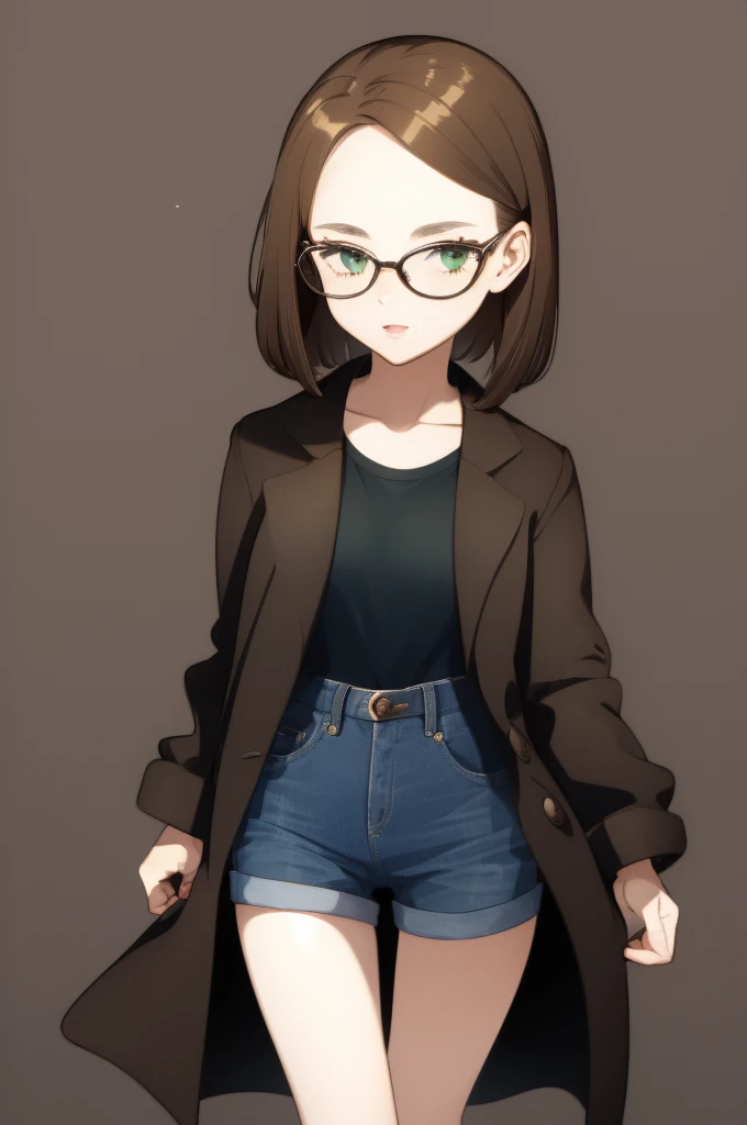 1girl, black jacket, blue jeans, sunglasses, brown hair, green eyes