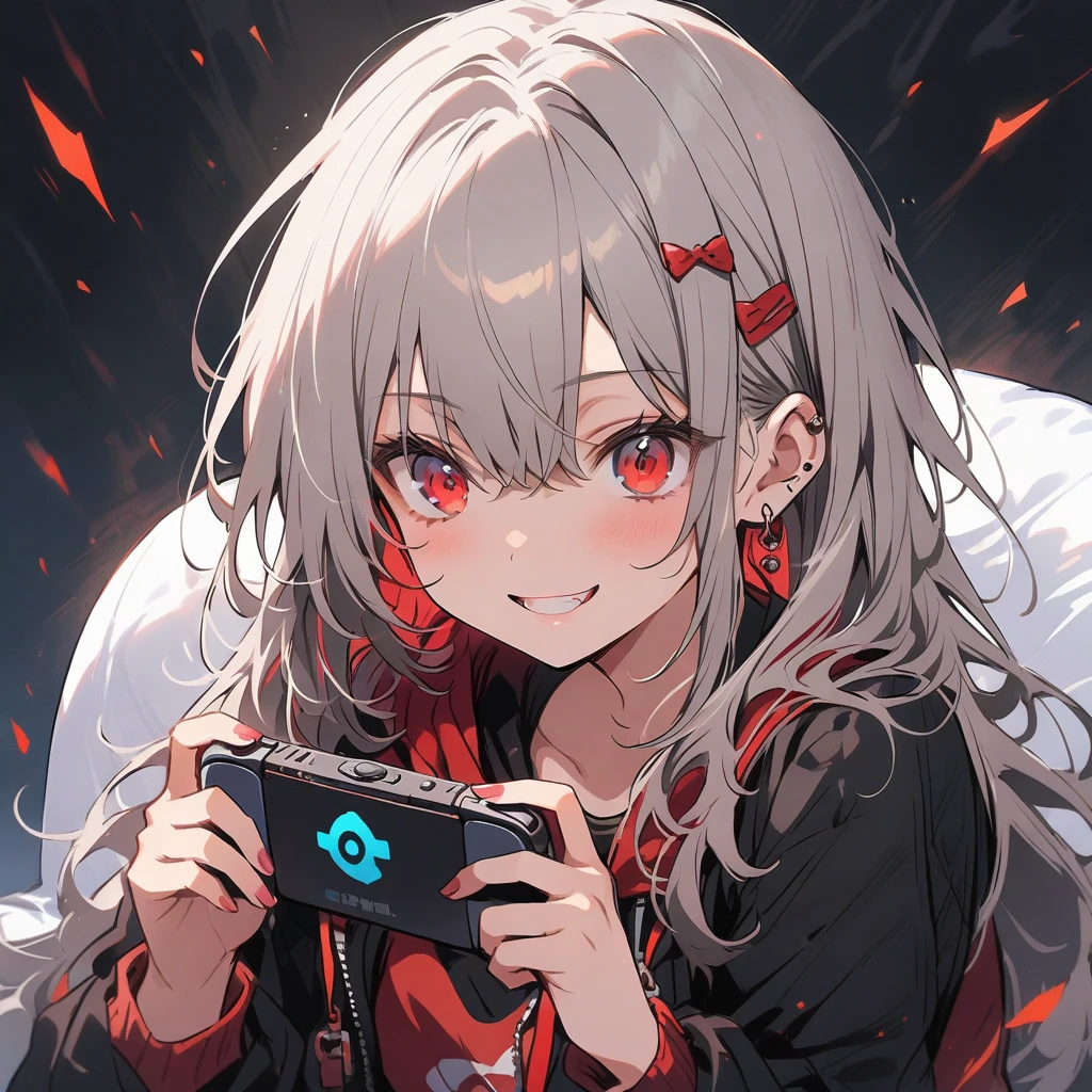 A beautiful gray-haired girl with red eyes, playing a video game