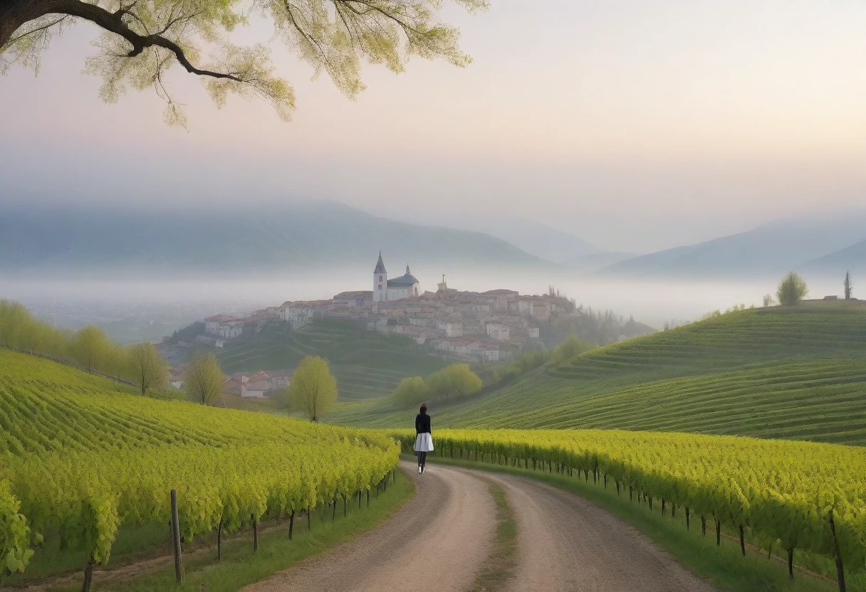 8k best picture quality, Beautiful 36-year-old Korean woman, Chest size 34 inches, Dawn of spring in northern Italy, View of the cathedral next to the vineyards, The back background is realistic and vivid quality., short medium hair, white shirt and cardigan, Wear casual pants, Smile slightly. the background is clear, look up to the side. cottonwood tree-lined hill, Looking at a vineyard covered in thick fog from a curved path