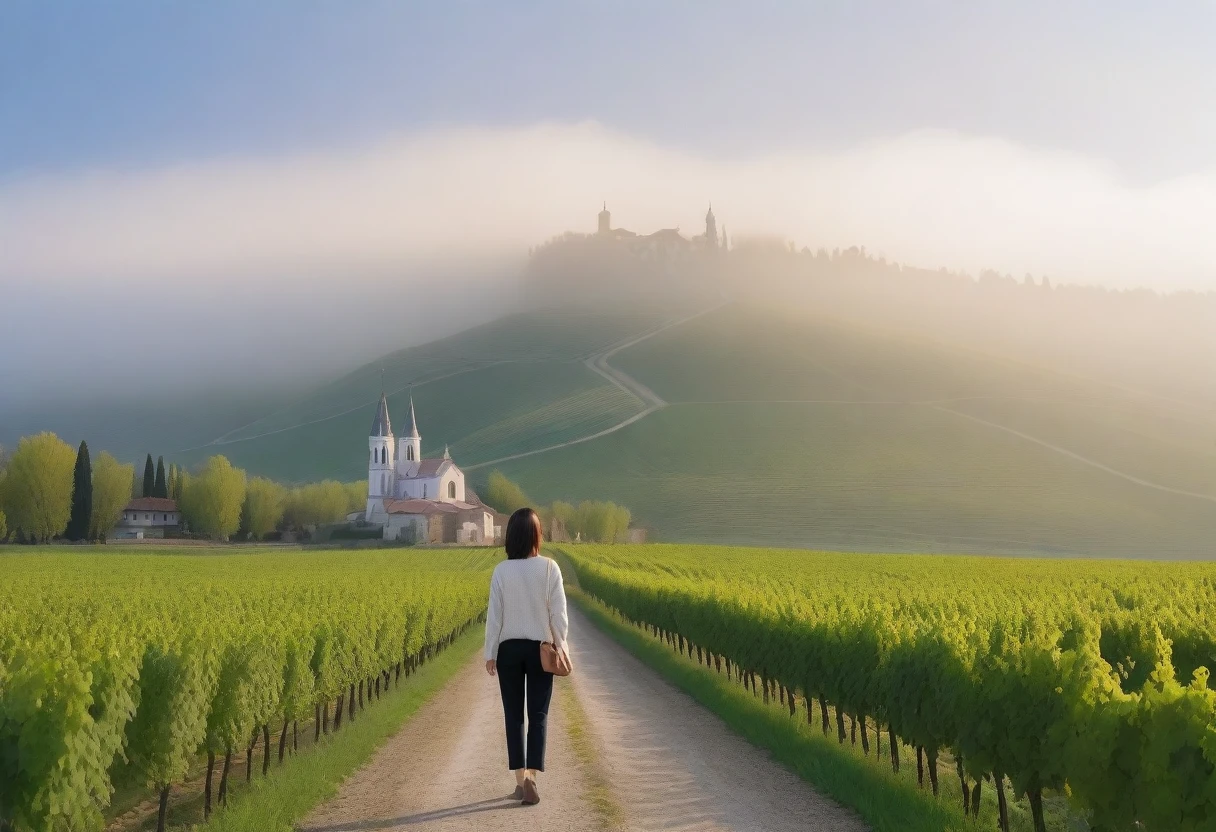 8k best picture quality, Beautiful 36-year-old Korean woman, Chest size 34 inches, Dawn of spring in northern Italy, View of the cathedral next to the vineyards, The back background is realistic and vivid quality., short medium hair, white shirt and cardigan, Wear casual pants, Smile slightly. the background is clear, look up to the side. cottonwood tree-lined hill, Looking at a vineyard covered in thick fog from a curved path