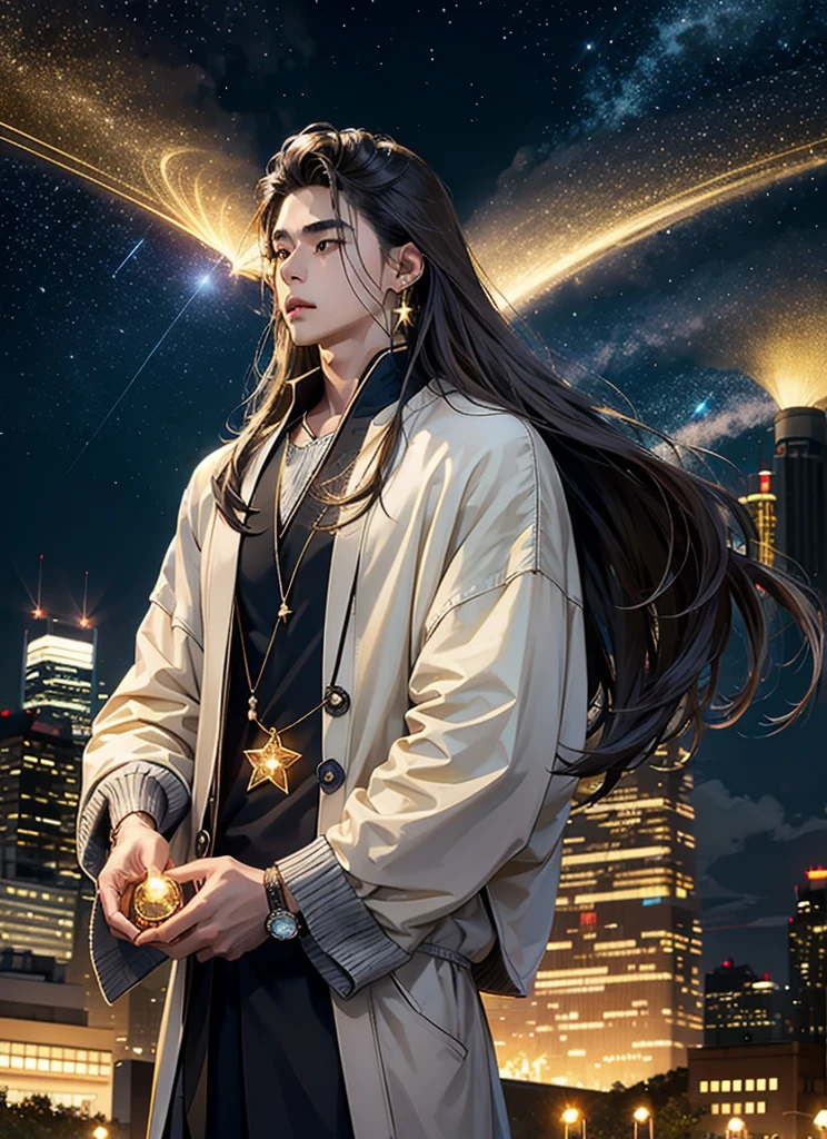 1 boy, asian, long hair, brown, jewelry, holding star fragment, glowing city background, night, yellow exposure, rolex, rings, earrings, looking up, camera angle, star fragment, gentle, grey sweater, open neck, neckalce