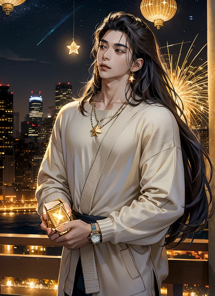 1 boy, asian, long hair, brown, jewelry, holding star fragment, glowing city background, night, yellow exposure, rolex, rings, earrings, looking up, camera angle, star fragment, gentle, grey sweater, open neck, neckalce