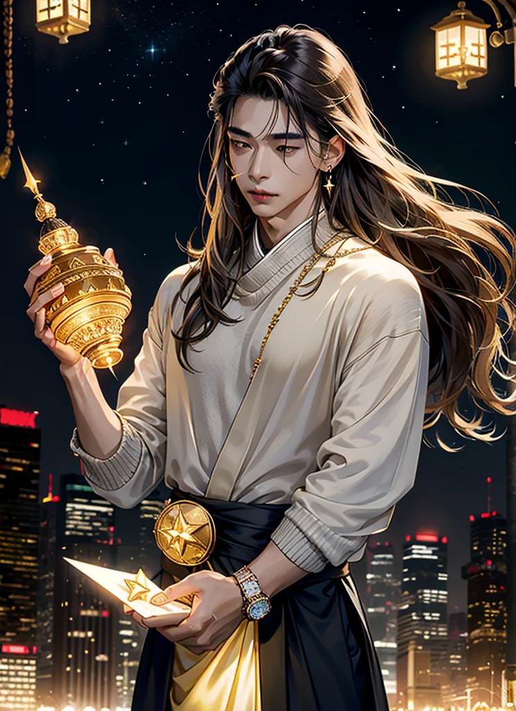 1 boy, asian, long hair, brown, jewelry, holding star fragment, glowing city background, night, yellow exposure, rolex, rings, earrings, looking up, camera angle, star fragment, gentle, grey sweater, open neck, neckalce