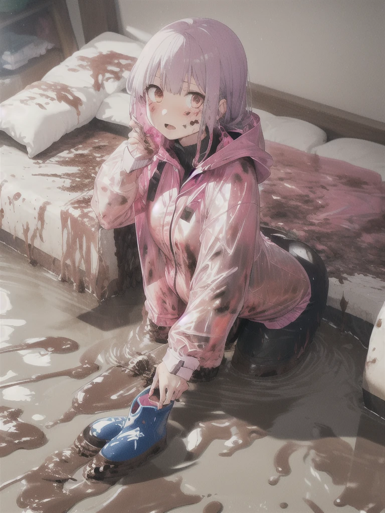 a girl laying in bed, kyoko kirigiri, wearing a long pink shiny buttoned raincoat, wearing hood, buttoned up, ((muddy clothes)), covered in mud, mud splatters, tall pink hunter rainboots, embarrassed expression on her face, bright lighting, vivid colors