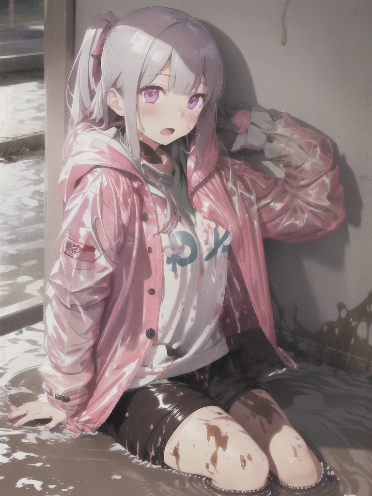 a girl laying in bed, kyoko kirigiri, wearing a long pink shiny buttoned raincoat, wearing hood, buttoned up, ((muddy clothes)), covered in mud, mud splatters, tall pink hunter rainboots, embarrassed expression on her face, bright lighting, vivid colors