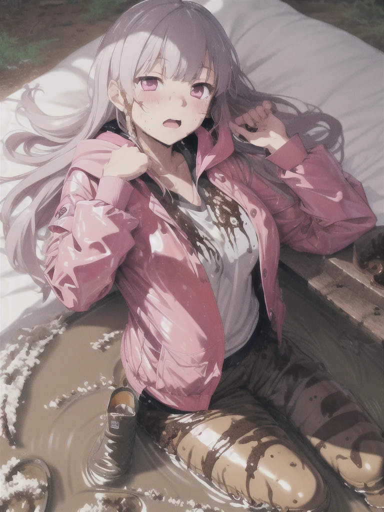 a girl laying in bed, kyoko kirigiri, wearing a long pink shiny buttoned raincoat, wearing hood, buttoned up, ((muddy clothes)), covered in mud, mud splatters, tall pink hunter rainboots, embarrassed expression on her face, bright lighting, vivid colors