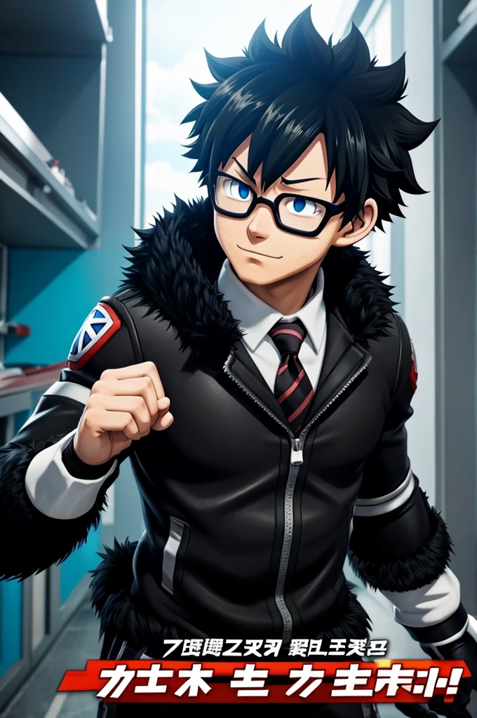 Screenshot of my hero academia.
black fur, round lenses