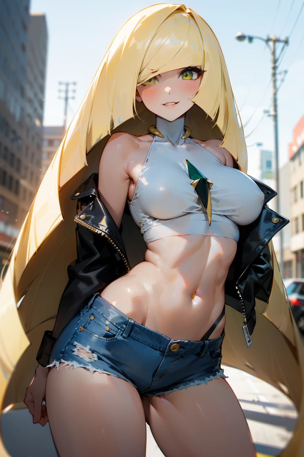(Masterpiece), Best Quality, ultra-detailed, 1girl (lusamine, Slender and sexy body, Big and pretty breasts, blonde_hair, very long hair (hair over one eye:1.3), yellow eyes, half-closed eyes), a seductive face, wicked smile, parted lips, solo, black leather jacket, white tank_top, navel, denim hot pants, outdoors, street, standing, Sexy waist teasing