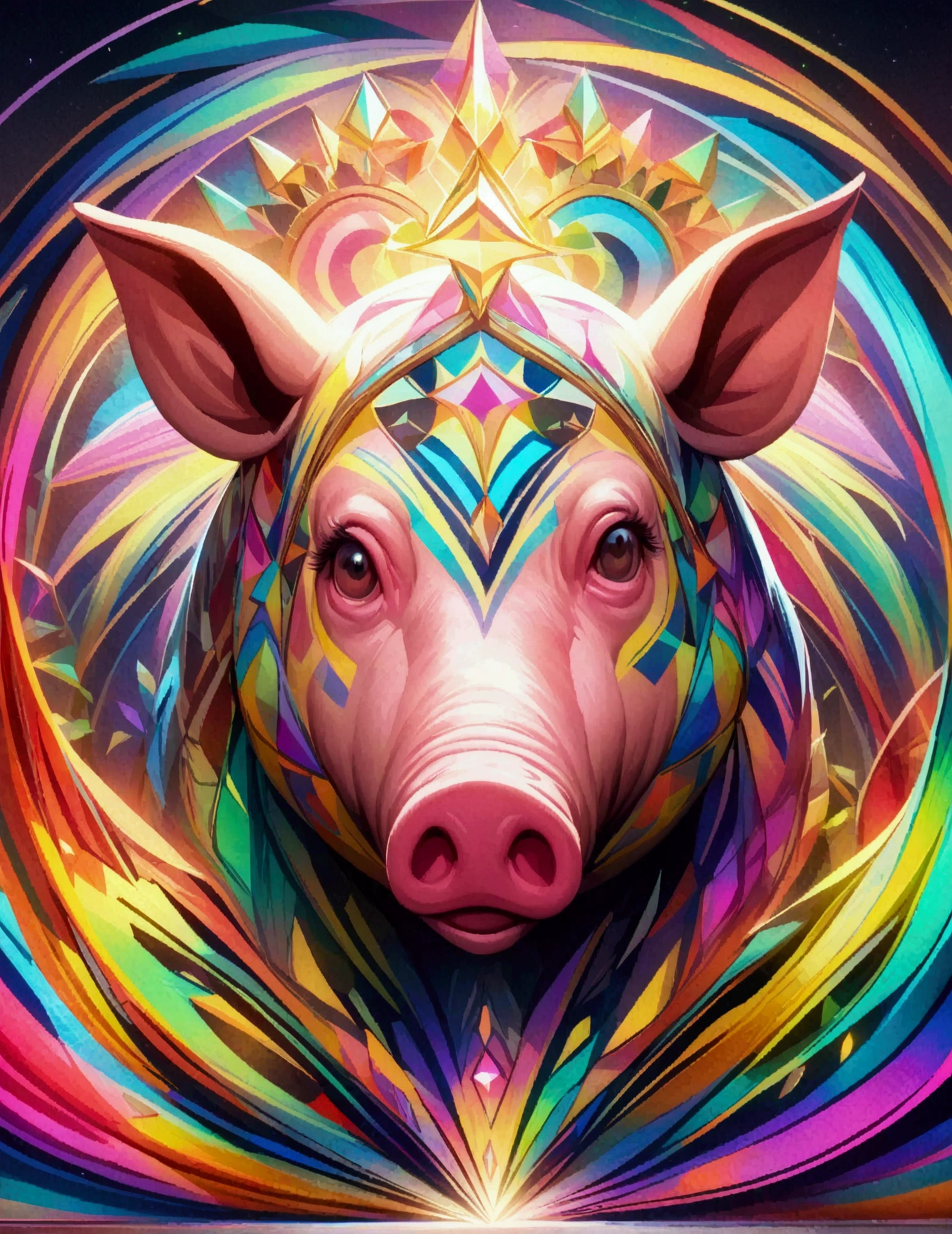 A dazzling, lively, award-winning masterpiece of a Pig with dark eyes, black nose, And excessive detail, Psychedelic style. Vibrant colors and dynamic movement showcase this lively spirit and cheerful breed. Unleash your creativity with the golden ratio, And watch the magic come to life in 4K resolution, Professional cinematic image.