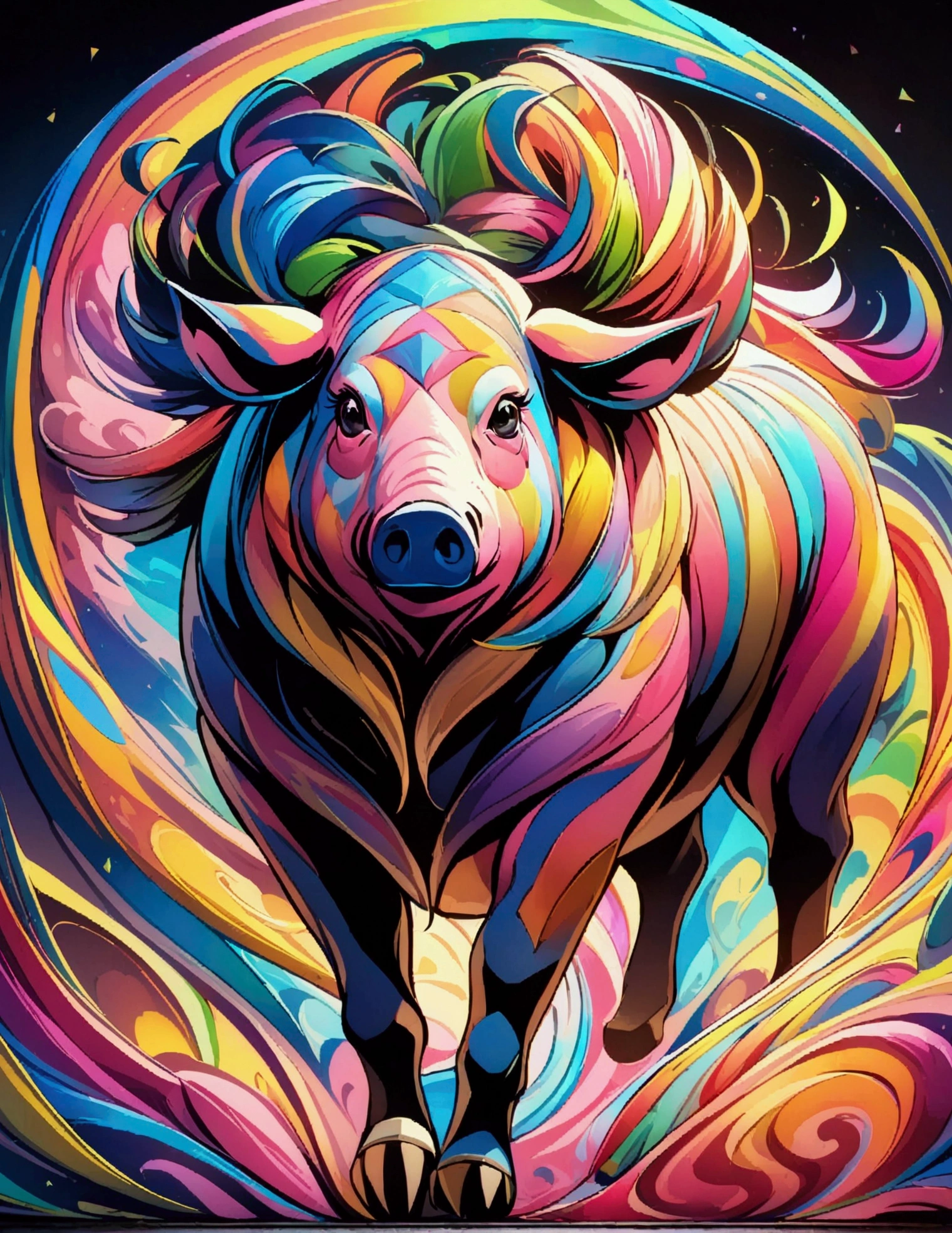 A dazzling, lively, award-winning masterpiece of a Pig with dark eyes, black nose, And excessive detail, Psychedelic style. Vibrant colors and dynamic movement showcase this lively spirit and cheerful breed. Unleash your creativity with the golden ratio, And watch the magic come to life in 4K resolution, Professional cinematic image.