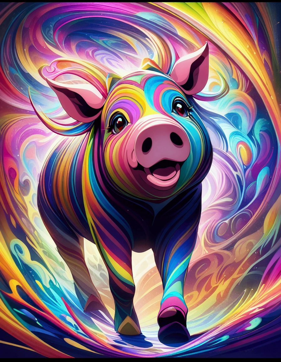 A dazzling, lively, award-winning masterpiece of a Pig with dark eyes, black nose, And excessive detail, Psychedelic style. Vibrant colors and dynamic movement showcase this lively spirit and cheerful breed. Unleash your creativity with the golden ratio, And watch the magic come to life in 4K resolution, Professional cinematic image.