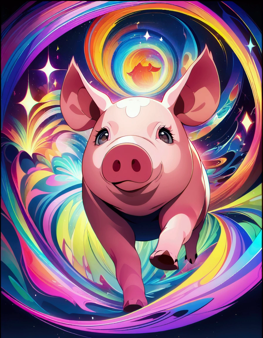 A dazzling, lively, award-winning masterpiece of a Pig with dark eyes, black nose, And excessive detail, Psychedelic style. Vibrant colors and dynamic movement showcase this lively spirit and cheerful breed. Unleash your creativity with the golden ratio, And watch the magic come to life in 4K resolution, Professional cinematic image.