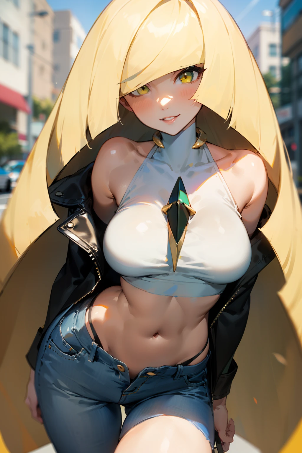 (Masterpiece), Best Quality, ultra-detailed, 1girl (lusamine, Slender and sexy body, Big and pretty breasts, blonde_hair, very long hair (hair over one eye:1.3), yellow eyes, half-closed  eyes), a  seductive face,  wicked smile, parted lips, solo, black leather jacket,  white tank_top, navel,  denim  hot pants, outdoors, street,  standing, Sexy waist teasing 