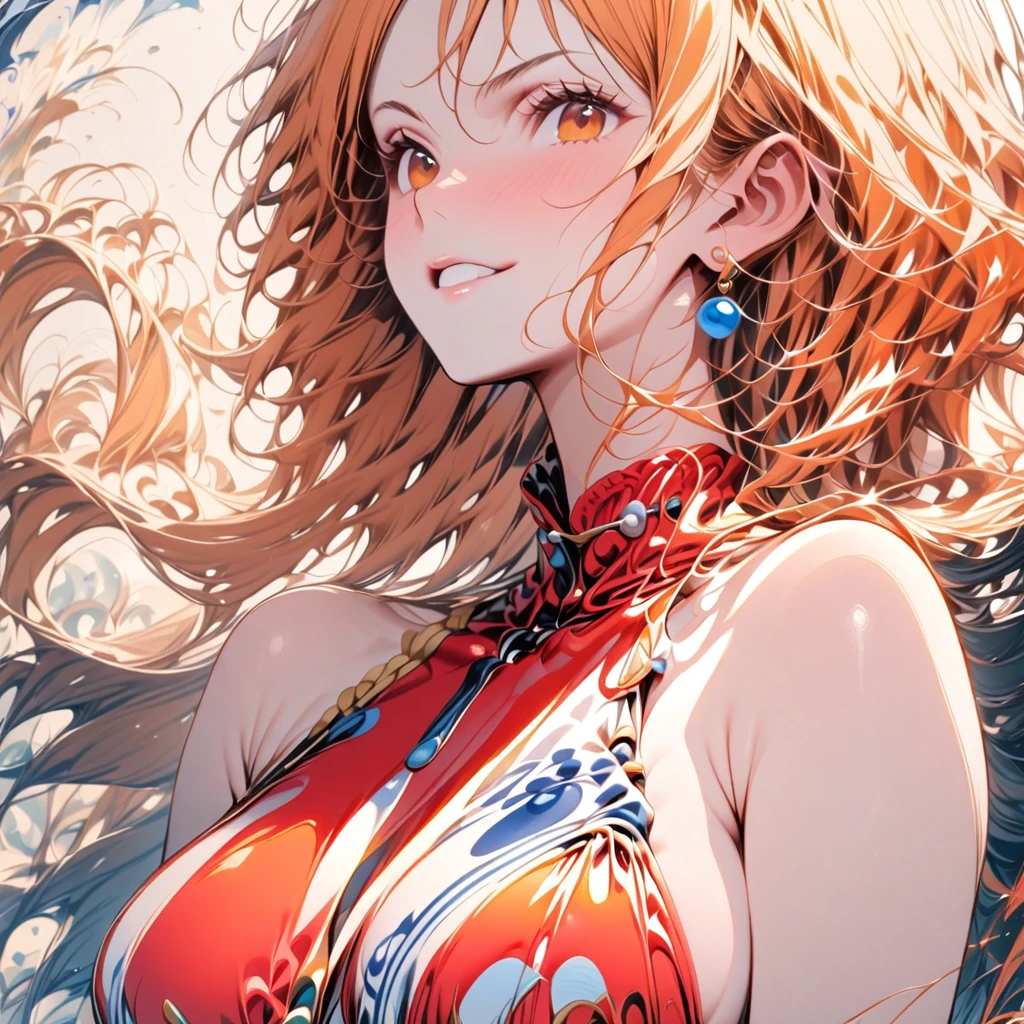 (masterpiece, best quality), intricate details, 1girl, age 19, orange hair, nami, nami \(one piece\), orange eyes, long hair, red halter neck mini dress, sleeveless, high neck, stylish clothes, body fit, I cup breasts, plain background, medium contrast, (\subject posing for a photoshoot\).
body measurements- B98-W58-H88 (38.58"-22.83"-34.65"), single person, upper body shot