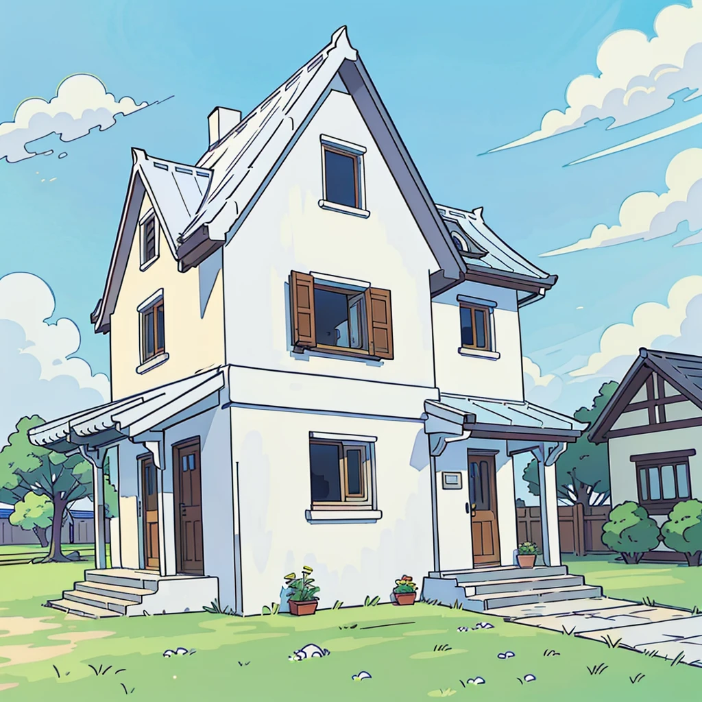 (Highest quality:0.8), (Highest quality:0.8), (((No humans))), Anime illustration, Front view, Ivory colored house、Background is white