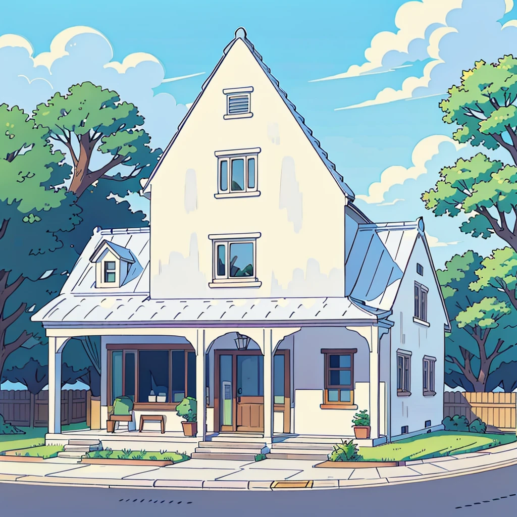 (Highest quality:0.8), (Highest quality:0.8), (((No humans))), Anime illustration, Front view, Ivory colored house、Background is white