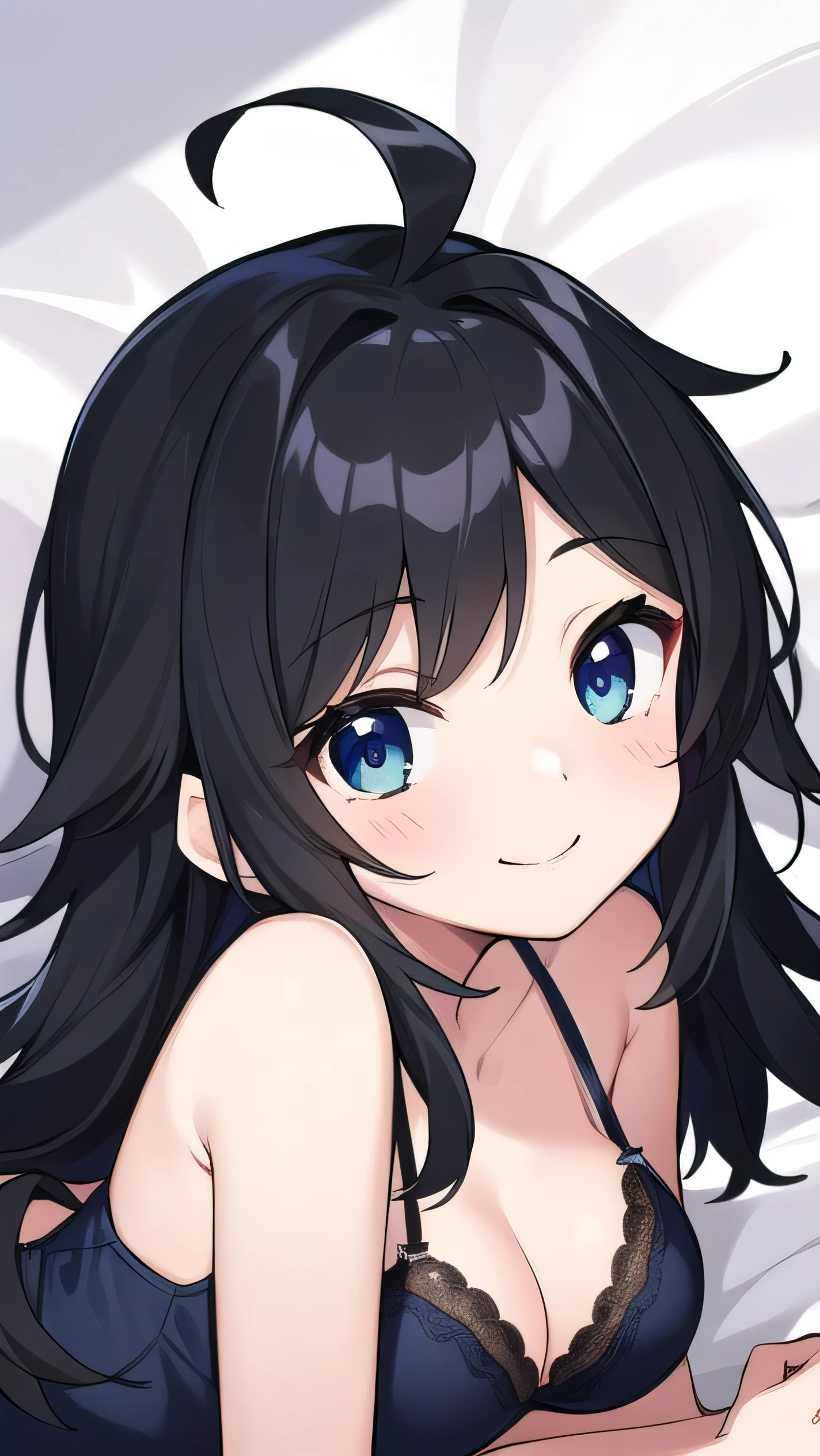 Junior high school student who looks like an elementary school student, , very short, 140 cm tall, black hair with a slight green tinge, short ahoge, beautiful long hair but with a little hair sticking out, beautiful round eyes, blue eyes, smile, boyish, big breasts, hair longer than waist, long hair, childish face, gentle smile, a little shy, black hair with a slight green tinge, boyish, gentle smile, Lingerie Set,bed,lying on back