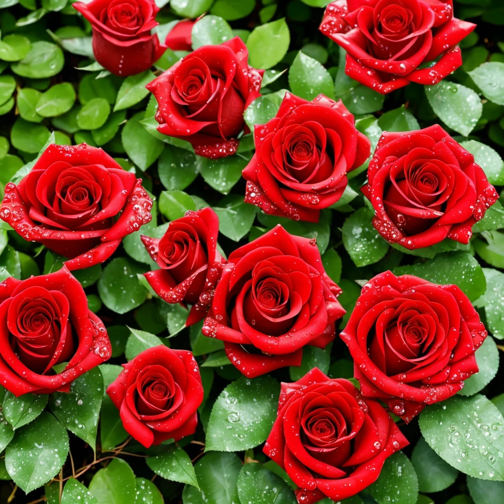 two red roses with water droplets on them sitting on a plant, a photorealistic painting by Eugene Leroy, pixabay, romanticism, rosses, red and green, green and red, beautiful detail and color, green and red tones, red green, red and green tones, roses, crimson rain sought flower, vibrant red and green colours, beautiful deep colors