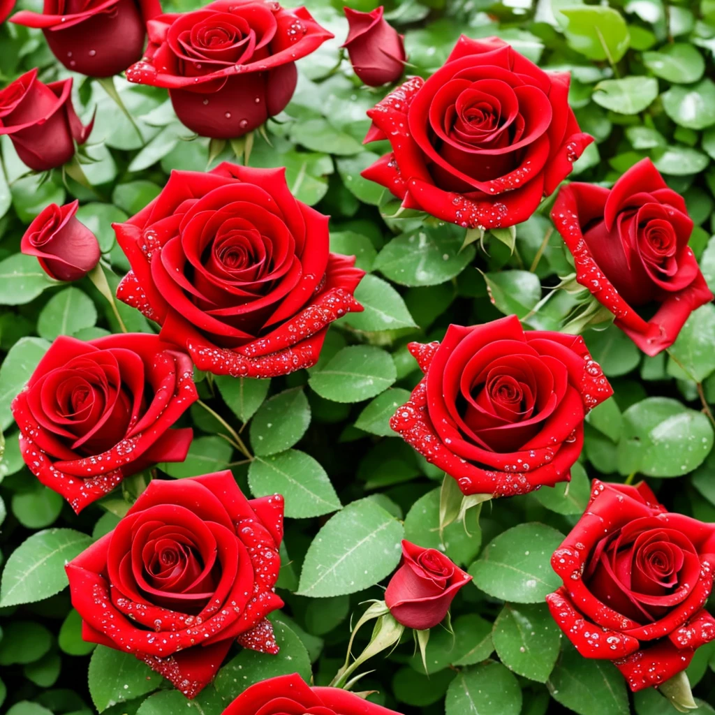 two red roses with water droplets on them sitting on a plant, rosses, red and green, green and red, green and red tones, beautiful detail and color, red green, red and green tones, roses, crimson rain sought flower, beautiful deep colors, vibrant red and green colours, beautiful!!!!!!!!!, beautiful nature, decorative roses, magical colorful flowers