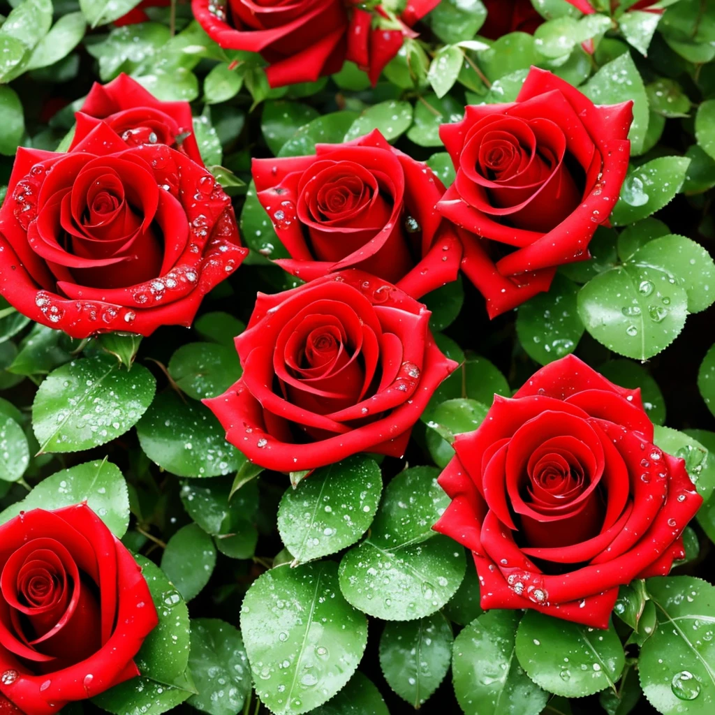 two red roses with water droplets on them sitting on a plant, rosses, red and green, green and red, green and red tones, beautiful detail and color, red green, red and green tones, roses, crimson rain sought flower, beautiful deep colors, vibrant red and green colours, beautiful!!!!!!!!!, beautiful nature, decorative roses, magical colorful flowers