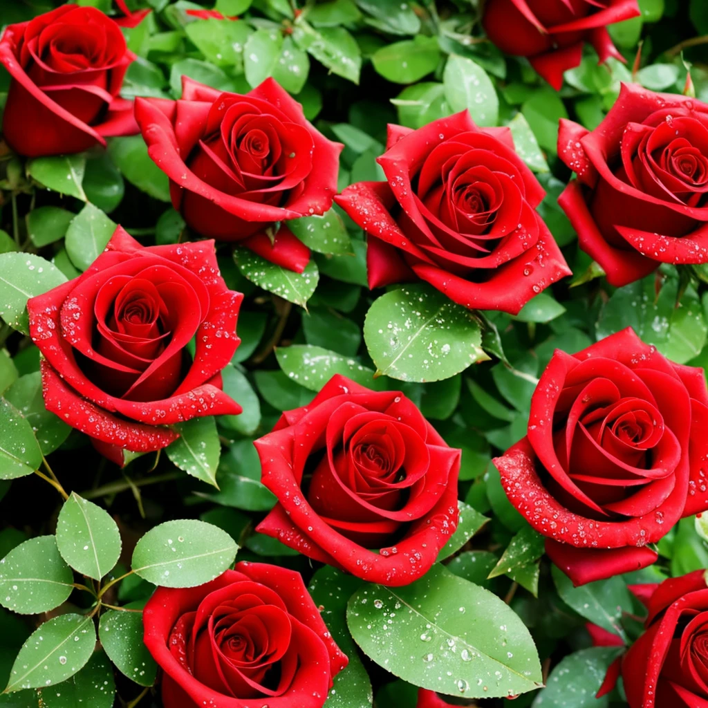 two red roses with water droplets on them sitting on a plant, a photorealistic painting by Eugene Leroy, pixabay, romanticism, rosses, red and green, green and red, beautiful detail and color, green and red tones, red green, red and green tones, roses, crimson rain sought flower, vibrant red and green colours, beautiful deep colors
