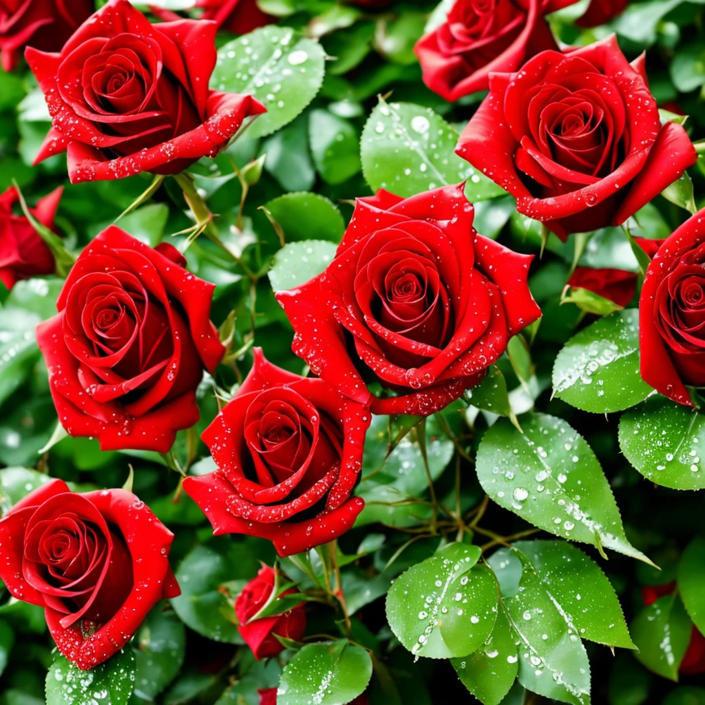 two red roses with water droplets on them sitting on a plant, a photorealistic painting by Eugene Leroy, pixabay, romanticism, rosses, red and green, green and red, beautiful detail and color, green and red tones, red green, red and green tones, roses, crimson rain sought flower, vibrant red and green colours, beautiful deep colors